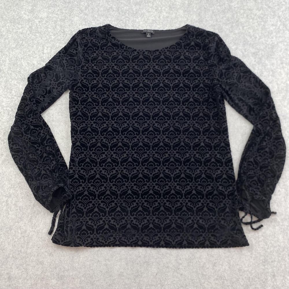 Talbots Blouse Womens Small Black Velvet Burnout Damask Long Sleeve Party Top